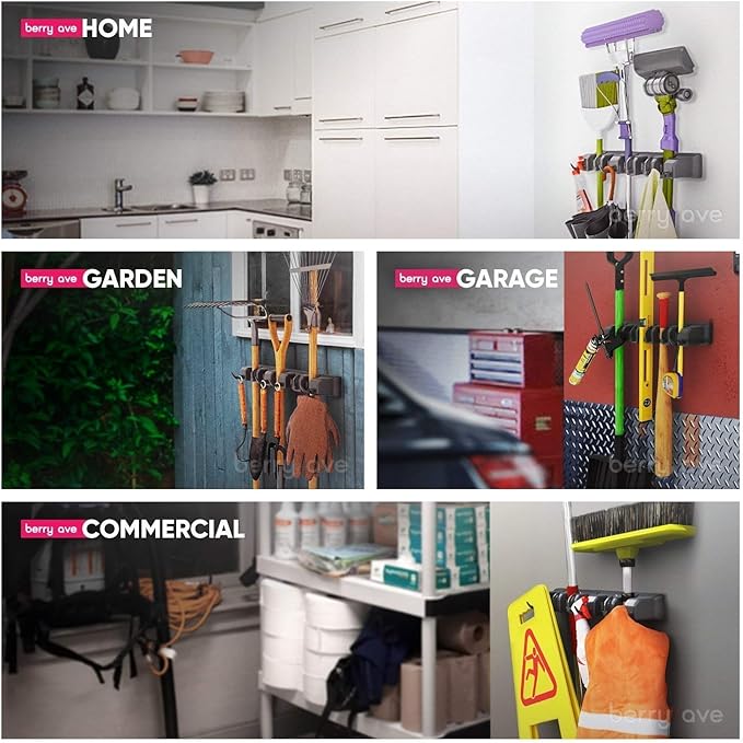 Combo 5 Slot Broom Holder w/ 1 Self Adhesive Mop Gripper No-Drilling, Wall Mount Tool Organizers For Kitchen, Garage, Laundry Room- Anti-Slip Hanger For Brooms, Mops, Rakes, Dustpans (Black/Black)