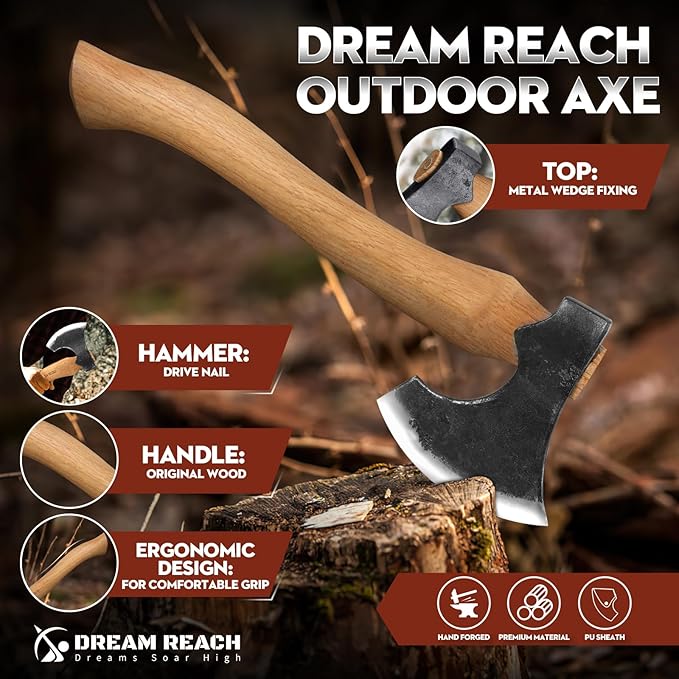 Dream Reach Hatchet Axe with Sheath Wood Hatchet Carbon Steel Heat Treated Bushcraft Hatchet - 14" Hand Forged Camping Axe for Chopping Wood, Garden
