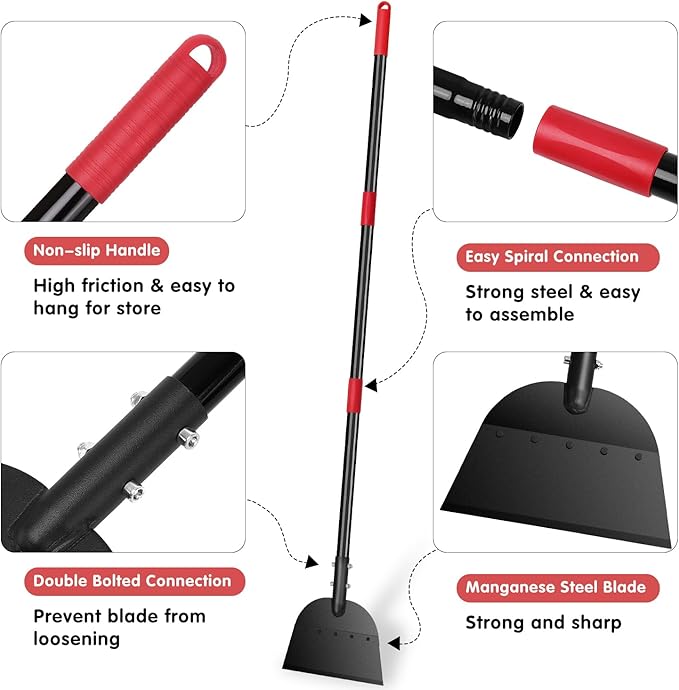 REAPALOT Multifunctional Garden Cleaning Shovel, 53.5inch Heavy Duty Flat Shovel, Stainless Steel Long Handle Lawn Edging Scraper, Outdoor Floor Scraper for Weeding and Snow Ice Removal - Black Red