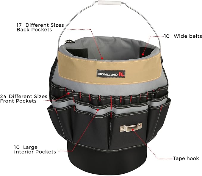 IRONLAND Bucket Tool Organizer Fit 3.5-5 Gallon Bucket, 51 Pockets, Bucket Tool Caddy Organization for Garden, Construction, Carpenter, Electrician, Builder KAH & Black
