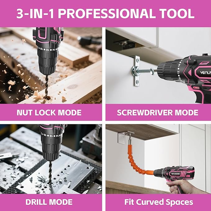 Cordless Drill Set, 12V Power Drill with 2.0Ah Battery and 2-Speed, 30Nm Torque, 25+1 Clutch Settings, 3/8" Keyless Chuck, Pink Electric Drills for Home DIY, Wood, Metal, Plastic Drilling