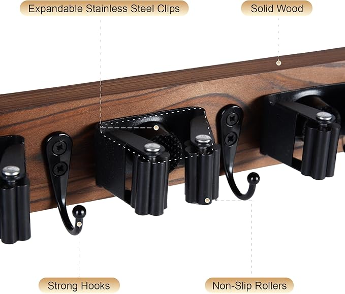 Broom Holder Wall Mount With 5 Slots & 4 Hooks,Rustic Wood Broom & Mop Hanger,Wall Mounted Garden & Garage Tool Storage Organizer Rack for Closet Laundry Room or Kitchen Wall Decor