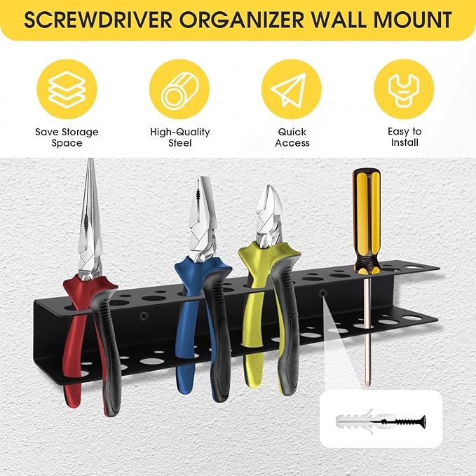 Screwdriver Organizer Wall Mount, 2 Pack Screw Driver Holder, Metal Utility Tool Rack for Screw Driver Pliers Organizers and Storage Rack for Garages Homes, Workshops, Sheds