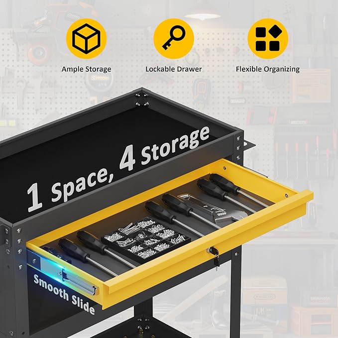 3 Tier Rolling Tool Cart on Wheels, Heavy Duty Utility Cart, Work Cart with Drawers and Pegboards, 440 LBS Loading Capacity Tool Storage Trolley for Mechanic, Garage, Workshop