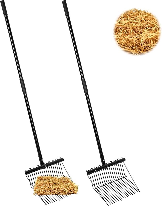 lukar 2 Sets Metal Manure Fork with Long Metal Handle, 18 Tines Manure Fork Head Horse Manure Rake, Heavy Duty Gardening Muck Rake for Picking Up Manure, Grass and Hay