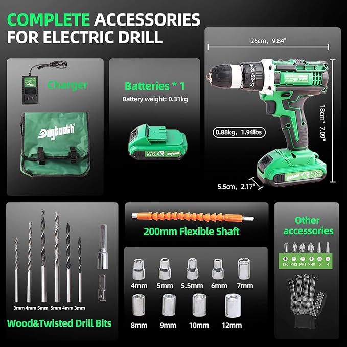 DOGTOOTH 21V MAX Cordless Battery Powered Drill Driver, 1* Battery and Charger, 2 Variable Speed, Build-in LED Lights, 23 Bits Storage Kit - Green