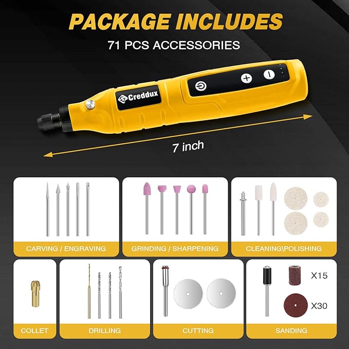 Cordless Rotary Tool,5 Speed Rotary Tool Kit With 71 Accessories,USB Charging,Multi-Purpose 4.2v Power Rotary Tools Easy Accessory Changes - Sanding, Polishing, Engraving and Cutting Yellow