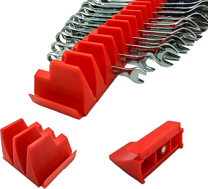 46PC Red Magnetic Wrench Organizers Set for Tool Storage - Modular Wrench Holders with Metric & SAE Labeled Slots, Extra Strength Magnet Base - Workshop & Home Toolbox Organization Gift