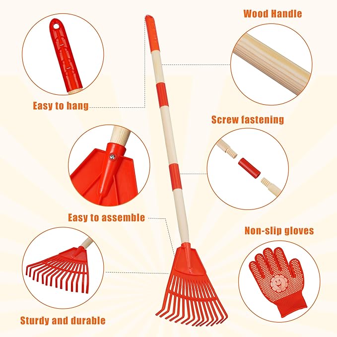 2 PCS Adjustable Kids Leaves Rakes (Green & Red, 25.2 in to 34.25 in) with 2 Pairs Gloves & 2 Orange Storage Bags, Lawn Rakes with Wooden Handle, Kids Garden Tools Set for Boys and Girls