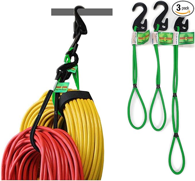 Hook & Hang Bungee Cords - Storage & Organization Cords - Hang Hoses, Cords, Ladders, Bikes, Tools & More. an Incredible Organizer! (3 PK, Green)