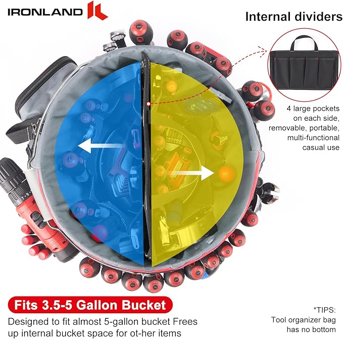 IRONLAND Bucket Tool Organizer Fit 3.5-5 Gallon Bucket, 64 Pockets, Bucket Tool Caddy Organization for Garden, Construction, Carpenter, Electrician, Builder red