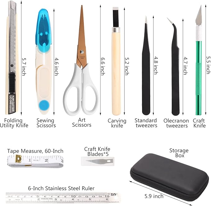 MILUSONG 9-in-1 Portable Tools Set Includes Scissors, Utility Knife, Craft Knife, Ruler, Tape Measure, Sewing Scissors, Tweezers DIY Tool Kit for The Household, Office