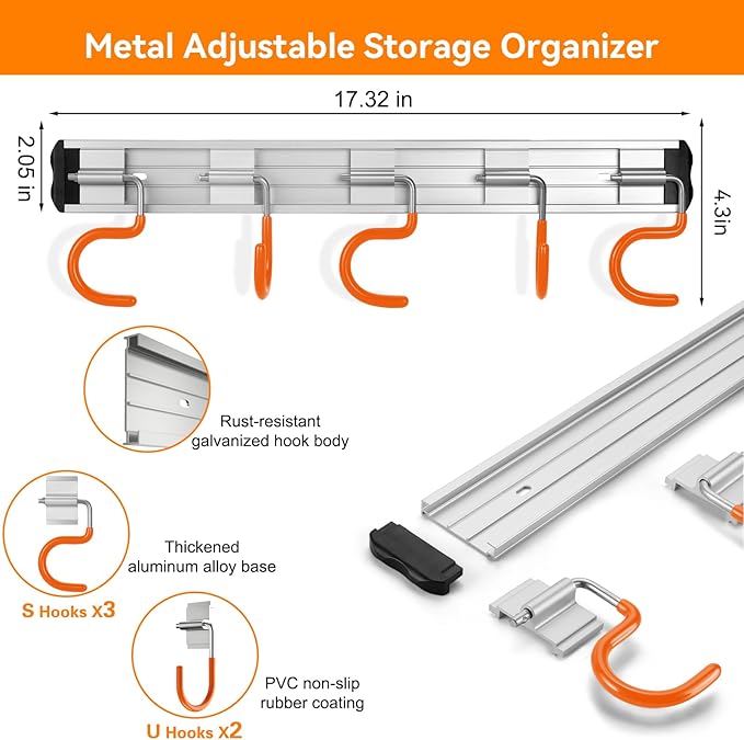 34.5'' Aluminum Alloy Garden Tool Organizer Wall Mount Garage Organizers and Storage with Hooks Tool Hangers for Shed Hooks for Shovel, Rake, Broom & More