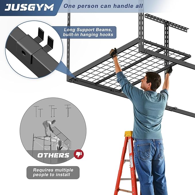 3X8FT Overhead Garage Storage Rack, 22"-48" Height Adjustable Garage Ceiling Storage Racks, Heavy Duty Metal Garage Storage Organizer System, 600LBS Weight Capacity