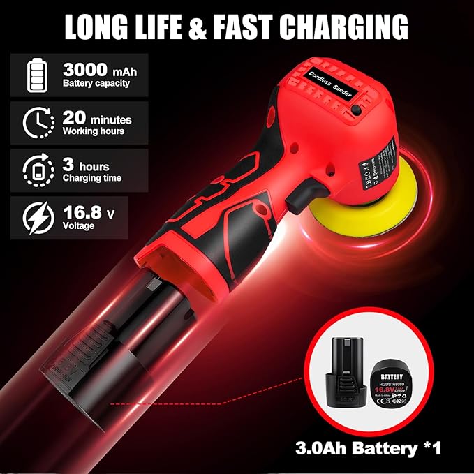 16.8V Cordless Electric Sander with 36PCS Sandpapers, 3500 RPM, 3.0Ah Battery, Lightweight & Compact Design for Wood, Metal, Paint Removal, and DIY Projects