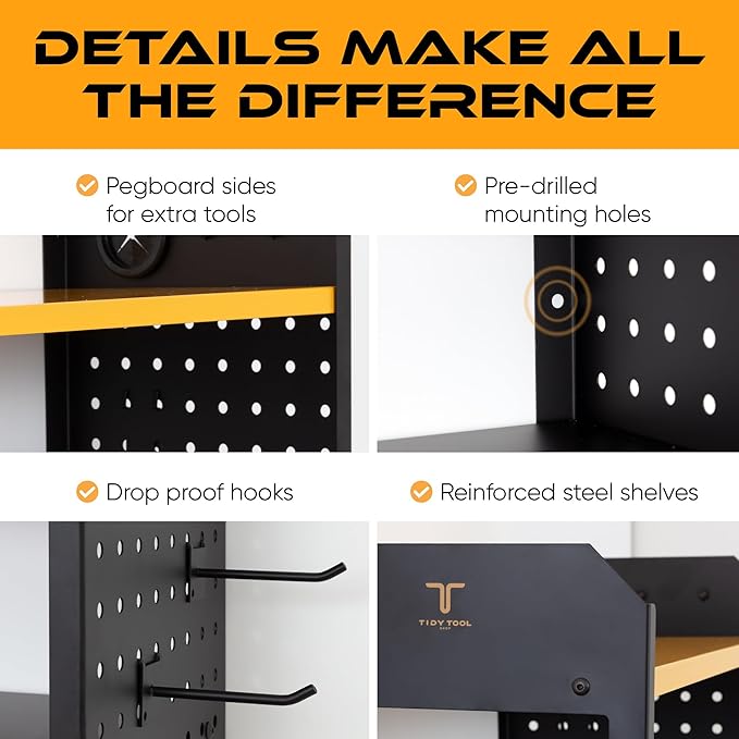 Power Tool Organizer - Wall Mount Storage for Garage Organizes 4 Cordless Drills & Tools - Easy Assembly Heavy Duty Rack has Pegboard Sides Shelves & Hooks - Neatly Holds Screwdrivers & Drill Bits