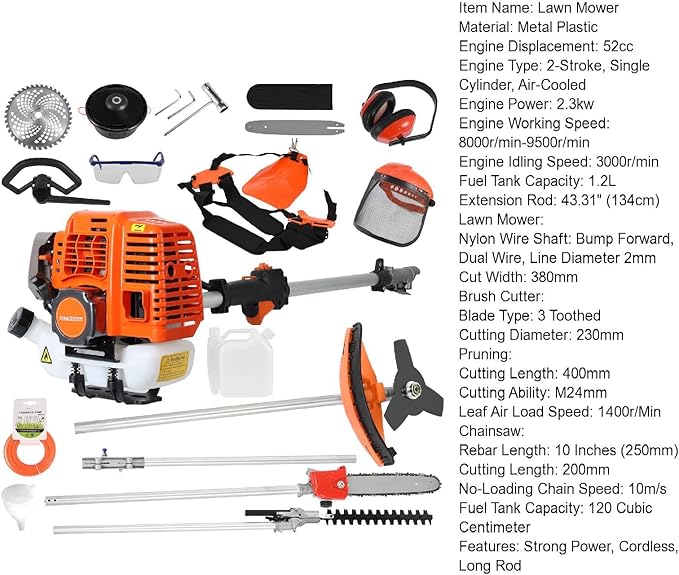 2025 New Gas Weed Wacker - 52cc 2-Stroke 5 in 1 Multi-Functional Lawn Mower Hedge Trimmer Pruners Gas Powered Brush Cutter, Handheld Weed Eater for Garden and Yard Lawn Orange