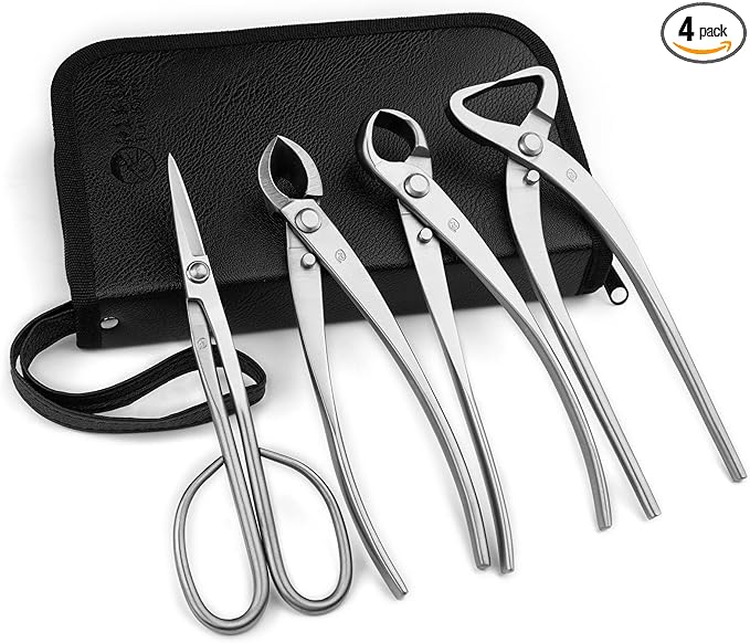 TianBonsai 4-PCS Bonsai Tool Set Including Concave Cutter Straight Edge Cutter Trunk Splitter And Bonsai Scissors Equip With Tool Bag