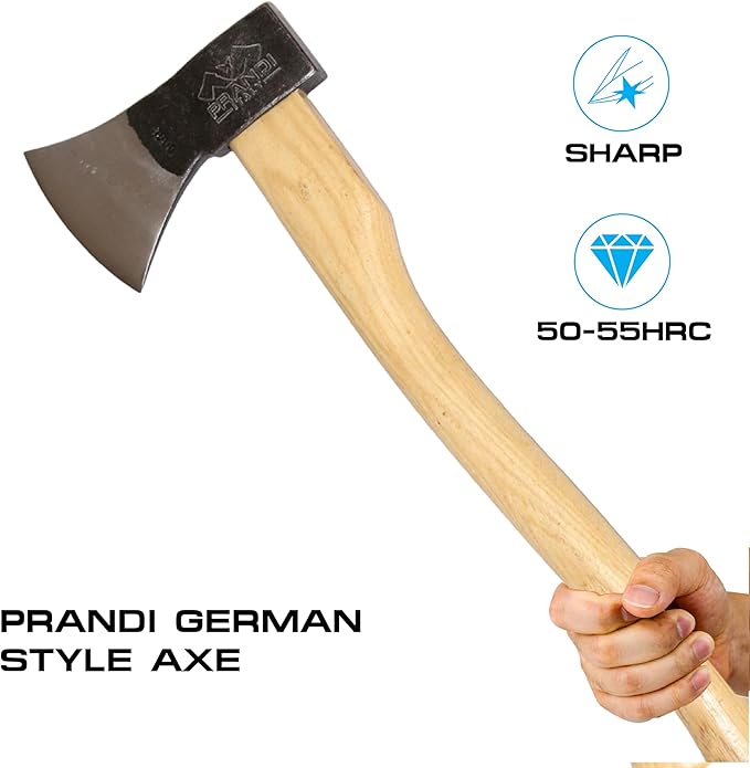 Prandi Axes German C45 Forged Carbon Steel Hatchet - Hickory Handle with Leather String - Ideal for Firewood, Splitting, and Chopping - 23.62" L x 7.36" W, 1000g Head 3.011.10.TH - No Sheath