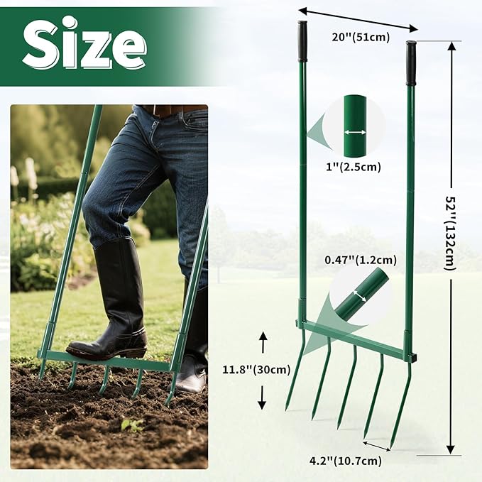 Broadfork Garden Tool with Steel Handle Heavy Duty Five Tines Broad Fork for Gardening Loosening and Aerating Soil, U-Shaped Design Hand Tiller, Compost Turner and Aerator