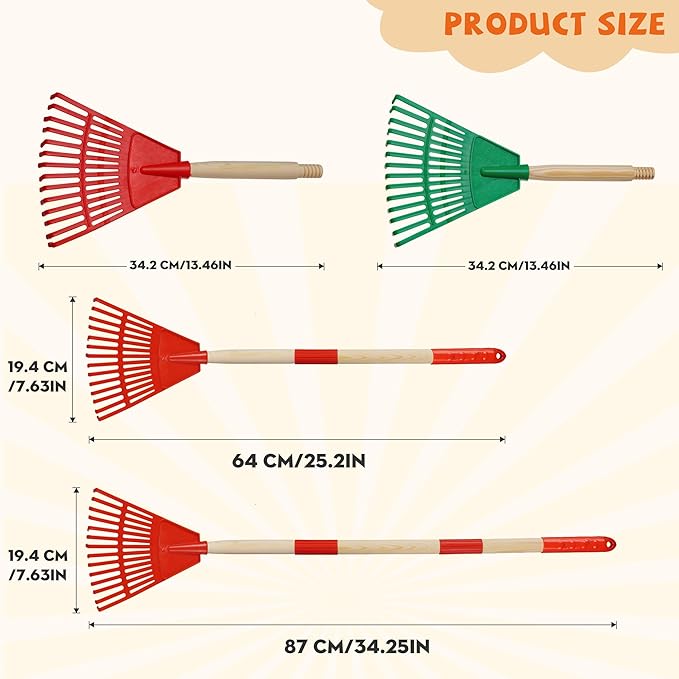 2 PCS Adjustable Kids Leaves Rakes (Green & Red, 25.2 in to 34.25 in) with 2 Pairs Gloves & 2 Orange Storage Bags, Lawn Rakes with Wooden Handle, Kids Garden Tools Set for Boys and Girls