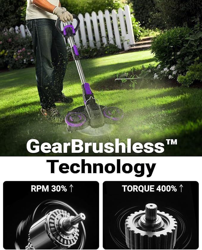 Weed Wacker Cordless, GearBrushless™, 3-in-1 Edger/Mower/Trimmer with Blade, 120 Min Runtime(Two 4.0AH Batteries)