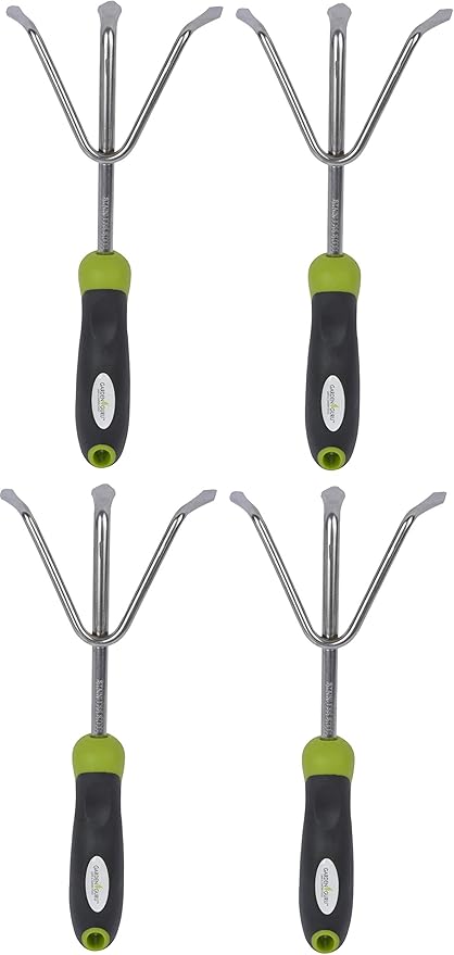 Garden Guru Hand Cultivator - Stainless Steel Hand Rake Soil Tiller with Ergonomic Handle, Great for Gardening, Cultivating, Loosening and Weeding (4 Pack)