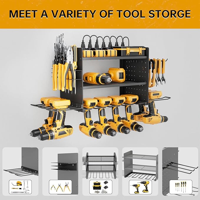 Power Tool Organizer Wall Mount, 3 Layer 8 Drill Holder Tool Shelf Storage Rack for Garage Organization, Birthday Gifts for Him Men Dad Husband Anniversary Fathers Day, Cool Gadget Stocking Stuffer