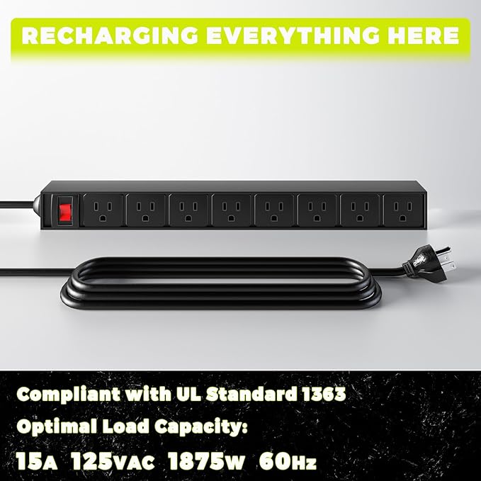 KAFAHOM Power Tool Organizer with Charging Station, Built in 8 Outlet Power Strip,Large 8 Drill Holder Wall Mount, Heavy Duty Metal Power Tool Storage Rack Tool Shelf for Garage Organization Black