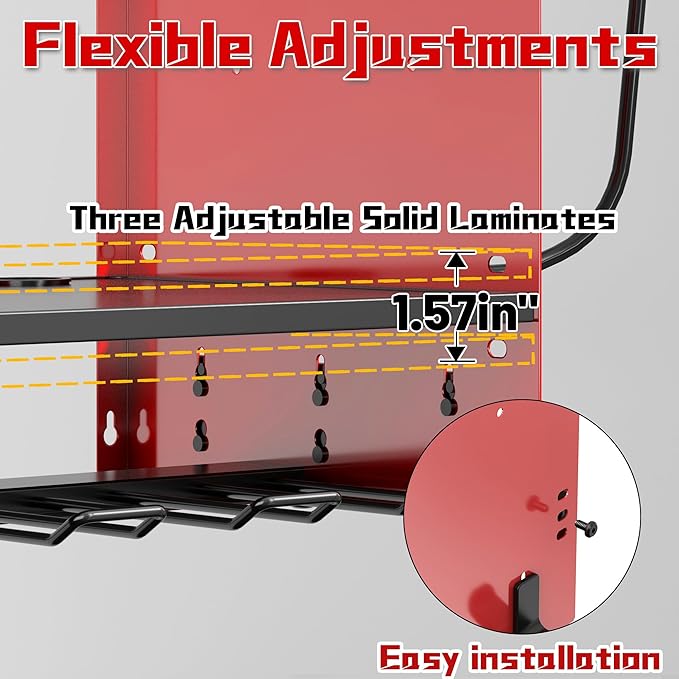 Wide Power Tool Organizer Wall Mount with Charging Station,3 Layer Adjustable Heavy Duty Tool Storage Rack 4 Drills with 8 Outlet Power Strip,Hooks,Screwdriver box,Garage Gifts for Fathers Day,Red