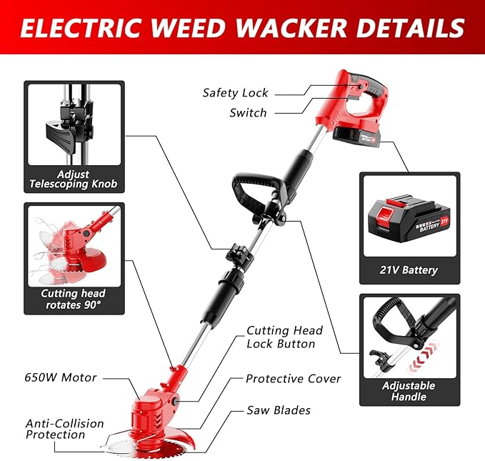 6-inch Cordless String Trimmer with 3 Types of Blades, Electric Grass Trimmer,21V 2×2000mAh Weed Eater Battery Powered,Electric Weed Wacker Cordless with Wheels,Lawn Edger, Mower for Yard,Garden