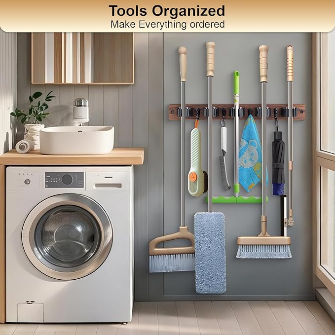 Broom Holder Wall Mount With 5 Slots & 4 Hooks,Rustic Wood Broom & Mop Hanger,Wall Mounted Garden & Garage Tool Storage Organizer Rack for Closet Laundry Room or Kitchen Wall Decor