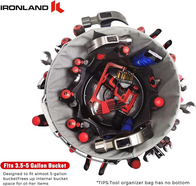 IRONLAND Bucket Tool Organizer Fit 3.5-5 Gallon Bucket, 51 Pockets, Bucket Tool Caddy Organization for Garden, Construction, Carpenter, Electrician, Builder Red & Black