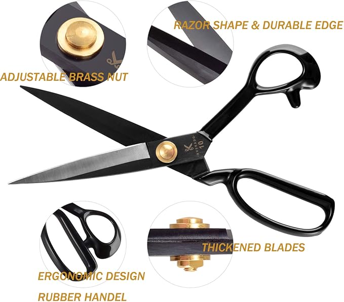 Sewing Scissors, 10 Inch Fabric Dressmaking Scissors Upholstery Office Shears for Tailors Dressmakers, Best for Cutting Fabric Leather Paper Raw Materials Heavy Duty High Carbon Steel(Right-Handed)