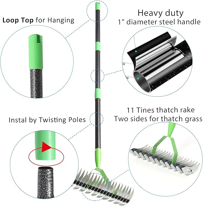 Thatch Rake for Lawns, Dead Grass Dethatcher Rake Removal Tool Heavy Duty Long Handle 54 inch, 13 inch Wide 11 Tines Manual Lawn Thatcher for Loosening Soil in Yard Garden