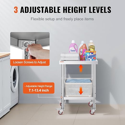 Mophorn 24x18x34 Inch Stainless Steel Work Table 3-Stage Adjustable Shelf with 4 Wheels Heavy Duty Commercial Food Prep Worktable with Brake for Kitchen Prep Work