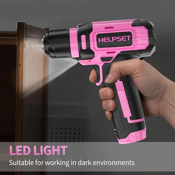 8V Cordless Drill Driver Set - 3/8" Keyless Chuck, 15pcs Drill Bits Included, Built-in LED Light for Drilling & Screwing, Comes with Toolbox for Storage (Pink)