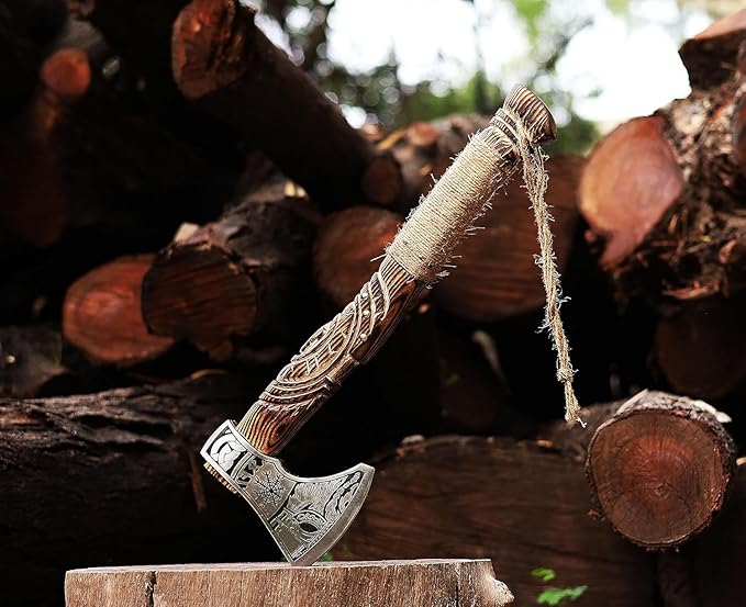 Viking Axe | Hand-Forged Carbon Steel Tomahawk with Rosewood Handle & Leather Sheath, Bearded Axe for Camping, Bushcraft, Throwing, Gifts for Men (Wood)