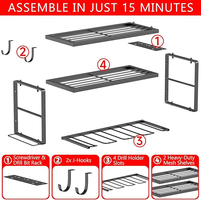 Heavy Duty Drill Holder & Power Tool Organizer Wall Mount, Metal Cordless Tool Organizer for Cordless Drill, Accessory Holder Rack (3 TIER 4 DRILL HOLDER, Without Charging Station)