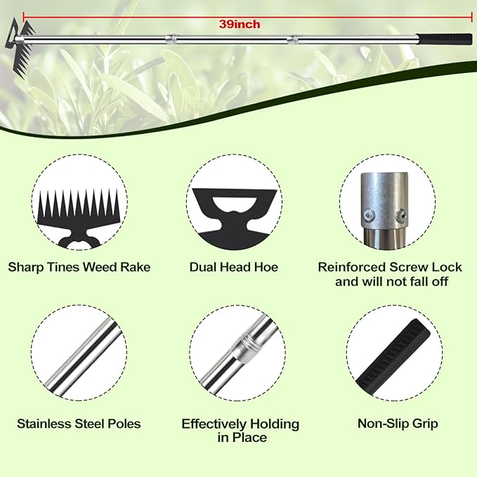 Weed Puller Picker Tool Scuffle Hoe Rake, Hand Tiller Small for Planting, Grass Weeder Dandelion Uprooting Remover, Standing Cultivator for Flower Garden Beds Lawns Yard Weeding and Leveling