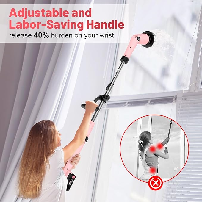 Pink Electric Spin Scrubber High Power 1200rpm, 6000 mAh Electric Scrubber for Cleaning Bathroom, Cordless Shower Scrubber Clean Brush, Floor Scrubber W/8 Brushes Tub Tile House Deep Cleaning