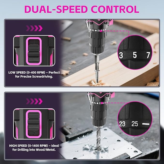 Cordless Drill Set, 12V Power Drill with 2.0Ah Battery and 2-Speed, 30Nm Torque, 25+1 Clutch Settings, 3/8" Keyless Chuck, Pink Electric Drills for Home DIY, Wood, Metal, Plastic Drilling