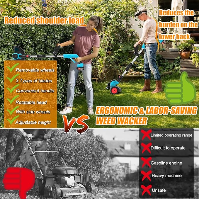 Electric Cordless Weed Wacker Eater Battery Powered, Lightweight No-String Weed Trimmer with 2x 4.0Ah Battery Operated & Wheels, 3 in 1 Stringless Grass Trimmer/Edger/Brush Cutter for Garden Yard Lawn