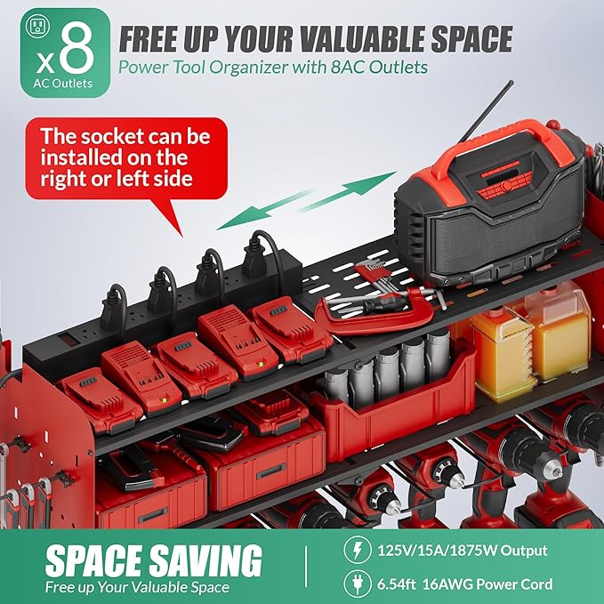 Suchtale Power Tool Organizer Wall Mount with Charging Station,33.2" Garage Storage,8 Drill Holders,3 Layers Heavy Duty Metal Shelf,Built in 8 Outlets Power Strip,Gift for Dad,Men,Red