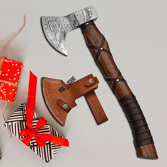 PAL 2000 KNIVES Custom Handmade Damascus Steel Axe - Hatchet Tomahawk Axe, Knife, Solid Rose Wood Handle - Inch - Ax