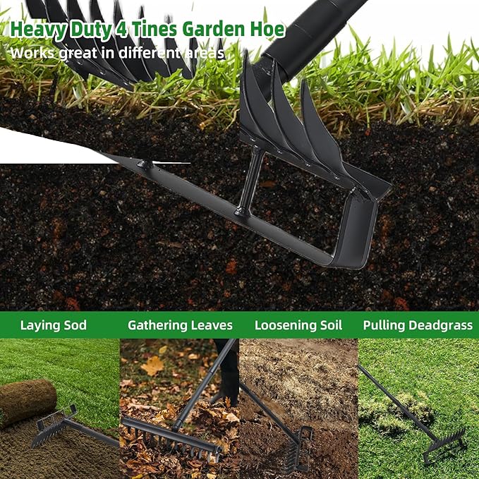 76.8" Hula Garden Hoe and 12 Tines Rake 2-in-1 Garden Tool for Weeding, Garden Cultivator with Adjustable Long Handle Heavy Duty Weed Puller Stirrup Hoe for Ditching, Seeding, Loosening Soil