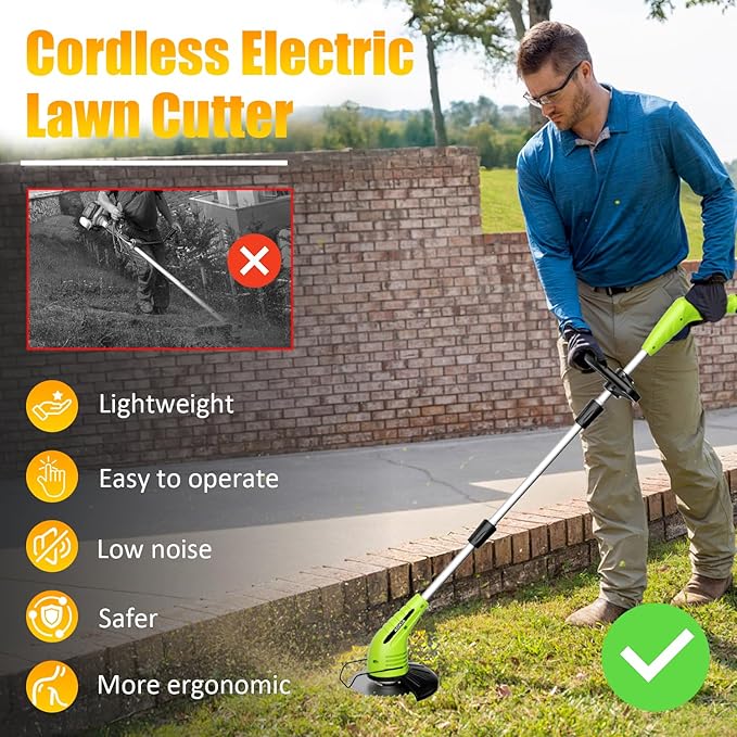 Electric Weed Wacker: Grass String Trimmer with 12V 2.0Ah Batteries & Fast Charger - Cordless Lightweight Cutter/Edger/Mower with 2 Types Blades for Garden Yard Lawn, Green