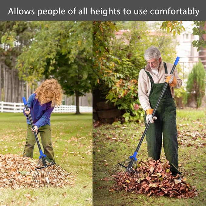 Adjustable Leaf Rake Set, Metal Garden Rake for Leaves with 32 Gallon Lawn and Leaf Bags & Leaf Scoops, Adult Kids Lawn Shrub Yard Landscape Rake with Expandable Head 8-17" Long Handle 30-60"