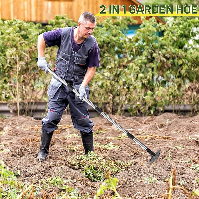 2-in-1 Heavy-Duty Weed Puller Tool with 5-Tine Rake – 30" to 60" Adjustable Handle, Hoes for Gardening, Hoe Garden Tools for Loosening Soil, Planting, Weeding