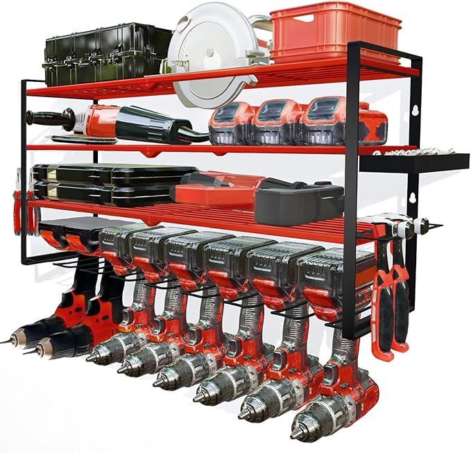 Power Tool Organizer Wall Mount – Metal Cordless Drill Storage Rack with 8 Slots, 4-Tier Adjustable Shelf for Garage, Workshop & Shed Red